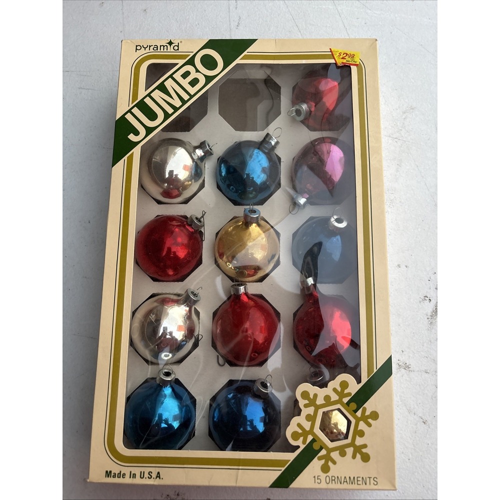 Vnt Jumbo Box of 13Pyramid Red, Gold, Blue, Silver Purple Glass Ornaments
